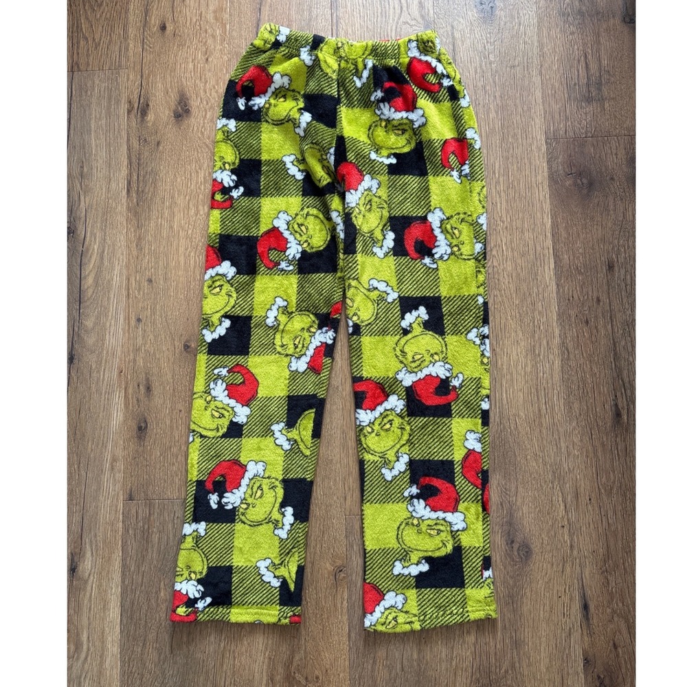 Dr Seuss The Grinch Kids Pajama Pants Green Black Plaid Fleece Size 12 Holiday